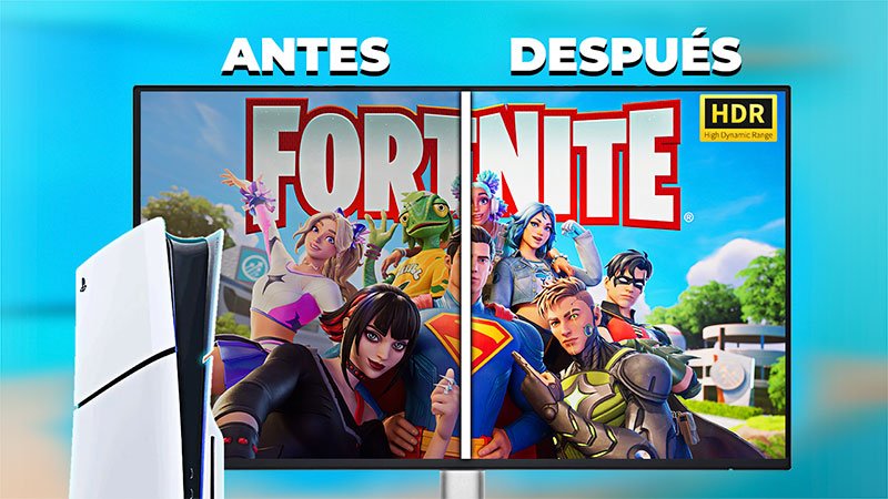 Comparación de Fortnite en PS5 antes y después de activar HDR, mostrando mejoras gráficas en colores y contraste