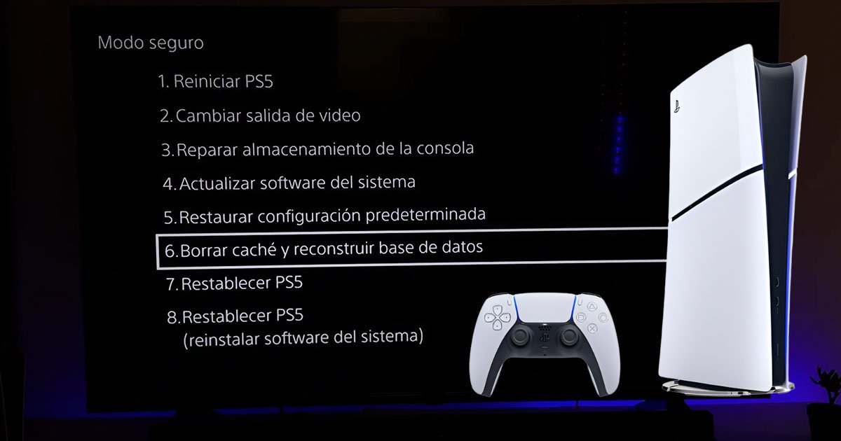 Pantalla del modo seguro de PS5 Slim mostrando la opción de borrar caché y reconstruir base de datos