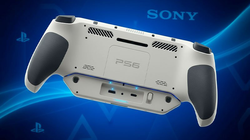 PS6 portátil: Lanzamiento, precio y especificaciones filtradas 6 Vista trasera de la PS6 portátil con agarres ergonómicos y puertos de conexión, diseño futurista inspirado en PlayStation.