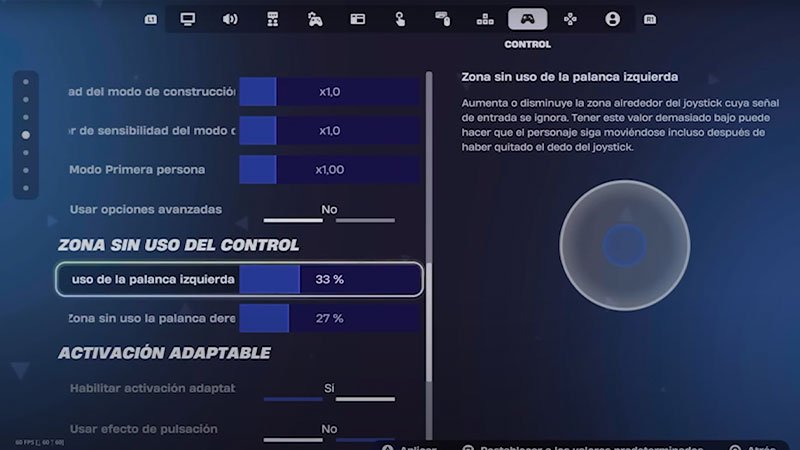 Configuración de zona muerta del control